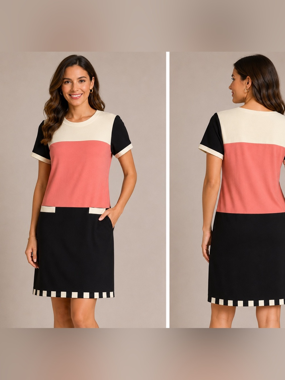 Kling Space Capsule Colorblock Shift Dress Black Coral Ivory Size M NWOT
